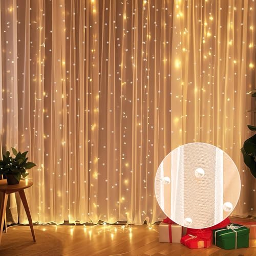 GUANSEN 10 x 10 FT Pearl White Tulle Backdrop Curtain with Lights Strings,Wedding Background Curtain Baby Shower Birthday ...