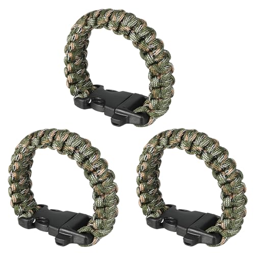 Survival Paracord Bracelets, 3 Pack Plaited Bracelet with Plastic Buckle Party Favors Camping Gifts Outdoor Wraps for Men,...