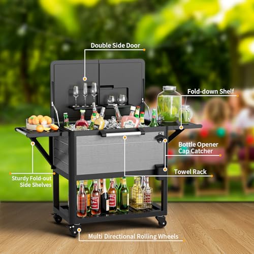 104 Quart Patio Rolling Ice Chest Cooler Cart with Wheels, Portable Mobile Outdoor Coolers Bar Cart with Storage Shelf & B...