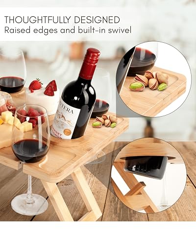 Outdoor Wine Picnic Table, Wooden Folding Picnic Table with Glass Holder, Bamboo Wine Glass Snack Tray for Indoor & Outdoo...