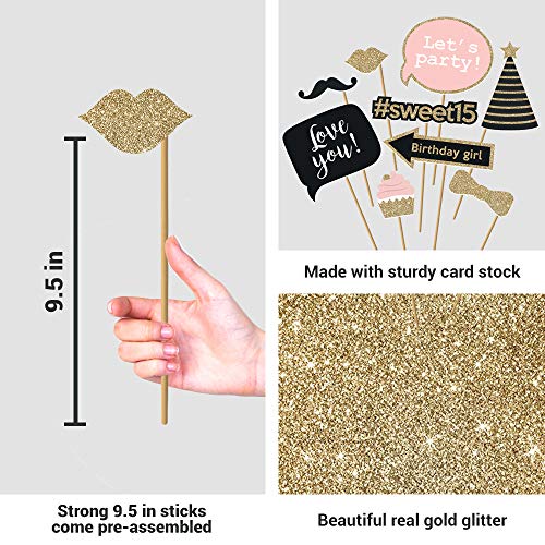 Fully Assembled 15 Birthday Quinceanera Photo Booth Props - Set of 30 - Pink & Gold Quince Selfie Signs - Cute 15th Party ...