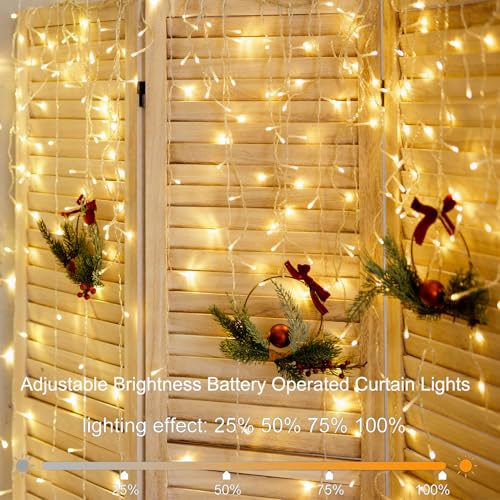 DealBeta Battery Operated Curtain Lights,9.8ft×9.8ft 300 LED Curtain Lights with Remote Timer 8 Modes, Waterproof Hanging ...