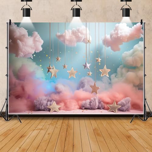 Leowefowa 8x6ft Pink Cloud Starry Stars Backdrop Sweet Princess Birthday Girl Baby Shower Party Decorations Photography Ba...