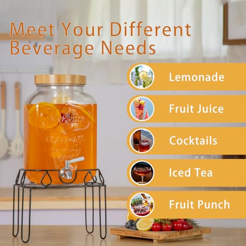 2 Gallon Glass Drink Dispenser with Stand and Bamboo Lid, Lemonade Dispenser with Stainless Steel Spigot, Glass Beverage D...