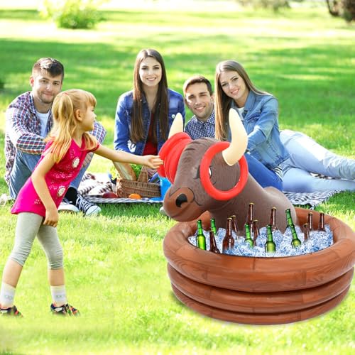 Inflatable Water Bull Ice Bucket with Rings Toss,Bull Cooler Beverage Serving Container Christmas Decorations Party Suppli...