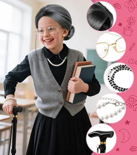 EVAFESNS 100 Days of School Old Lady Grandma Costume Accessories Set with Wig, Glasses, Cane & Faux Pearl Set