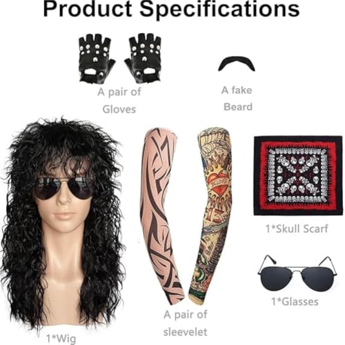 Svzadipe 7 Pcs Rocker Costume Men's Curls Disco Party with Wigs Sunglasses Beards Sleeves Gloves Headscarves for 70s 80s 90s