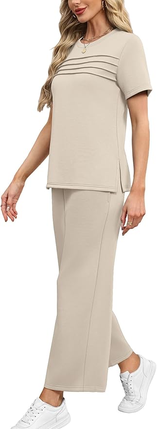 WIHOLL Two Piece Sets for Women Summer Travel Vacation Outfits Short Sleeve Lounge Sets Side Slit Wide Leg Pants S-3XL