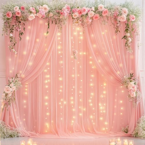 Wish Care 10ft x 10ft Baby Pink Chiffon Backdrop Curtain with Lights String for Parites Wedding Wrinkle Free Curtain Photo...