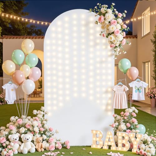 White Arch Cover with Lights String 7.2ft Spandex Wedding Arch Backdrop Cover with Lights for Birthday Party Bridal Baby S...