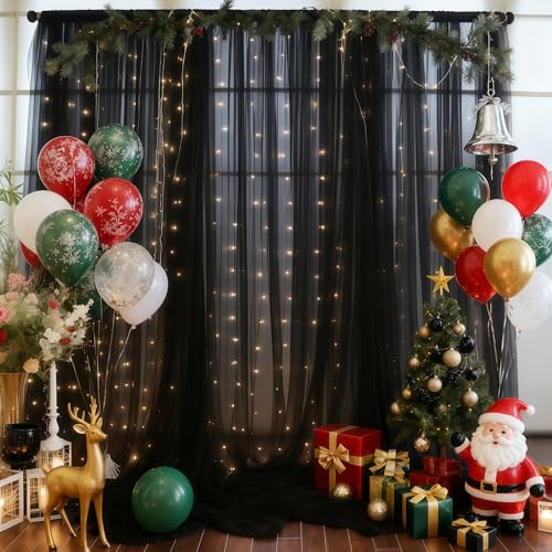 10×10ft Black Tulle Backdrop Curtain with Lights String for Parites, Sheer Photo Backdrop Curtains for Wedding Party Photo...