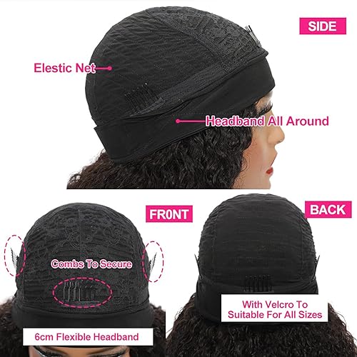 Kinky Curly Headband Wig Human Hair 22 Inch Headband Wigs for Women Human Hair Glueless None Lace Front Curly Wave Wigs Brazilian Virgin Hair Wear and Go Glueless Wig 150% Density Natural Black Color