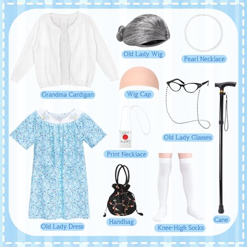 Boutrele 11 Pcs Old Lady Costume for Kids,100 Days of School Costume Girls,Grandma Costumes for Kids Accessories