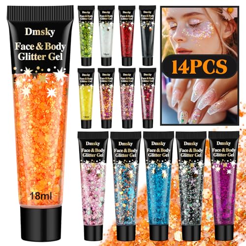 14 Colors Body Glitter,Face Glitter Makeup for Kids Women,Sparkly Chunky Hair Glitter for Eye Lip Nails,Mardi Gras Glitter...