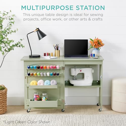 Best Choice Products Folding Sewing Table Multipurpose Craft Station & Side Desk with Compact Design, Wheels, Shelves, Sto...