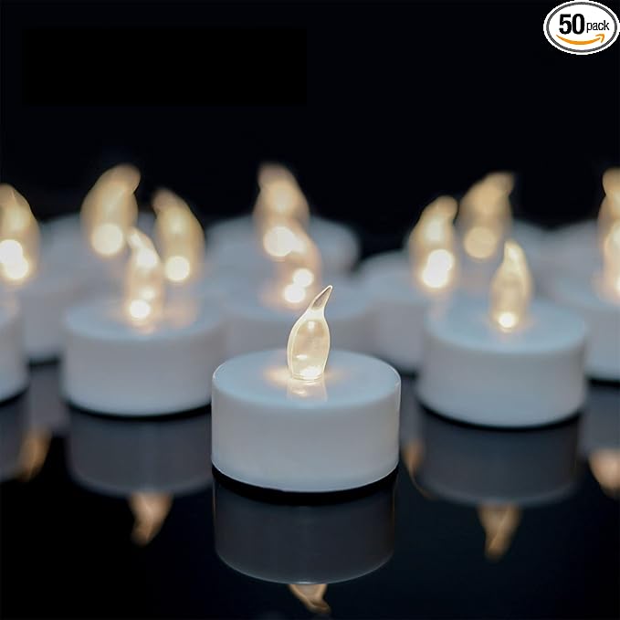 Tea Lights - 50 Pack Flameless LED Candles - 200 Hour Battery Operated - Realistic Flickering - Warm White Light - Perfect for Halloween & Seasonal Celebrations