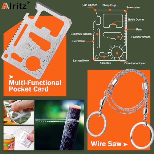 Alritz Emergency Survival Kit, for Men 12 in-1 Outdoor Survival Gear Lifesaving Tools Contains Compass, Fire Starter,for C...