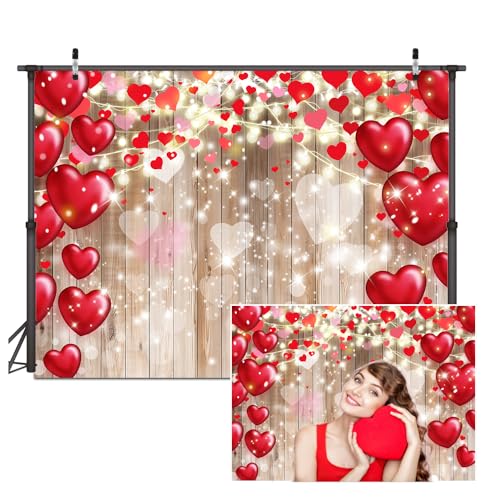 Dudaacvt 7x5ft Valentine's Day Backdrop Rustic Wood Red Love Heart Background for Mother's Day Wedding Bridal Shower Party...