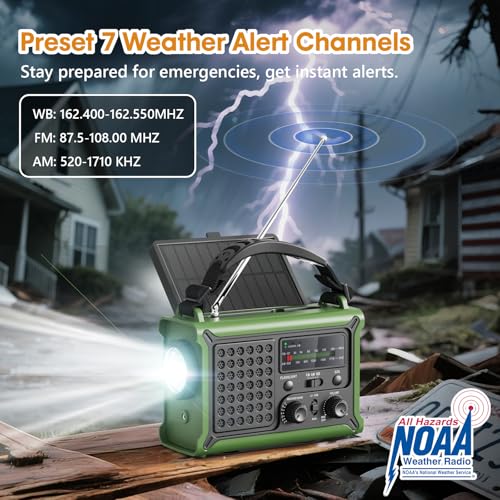 Raynic NOAA Weather Radio 12000mAh, Emergency Weather Radio with 2X Faster Solar & Hand Crank Charging, 5W Flashlight, Rea...