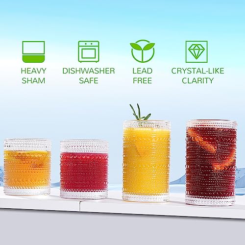 Lvtrupc Vintage Hobnail Drinking Glasses Set of 12-14 oz Old Fashioned Water Glass Cups & 11 oz Cocktail Glasses, Aestheti...