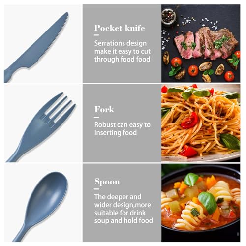 Large Reusable Plastic Compartments with Knives, Forks and Spoons, 9 Colours Portable Camping Utensils Tableware for Adult...