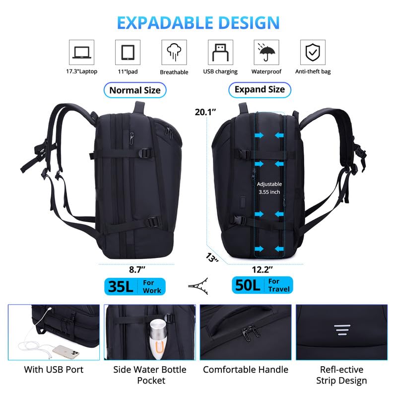 JLTDS Travel Backpack for Men 50L Expandable Flight Approved Carry on Backpacks Luggage for Travel Water Resistant 17.3 in...