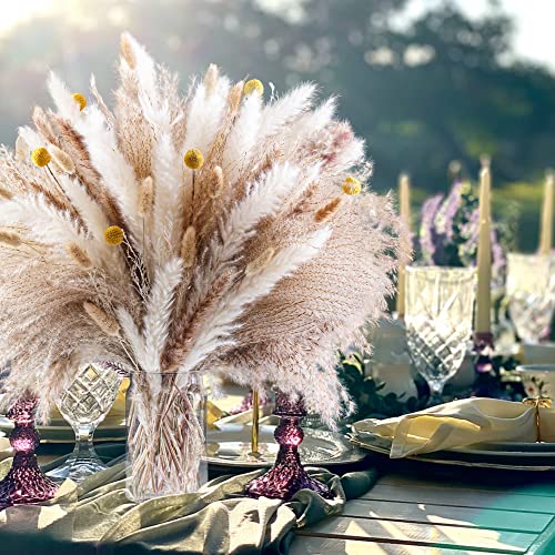 100PCS Natural Dried Pampas Grass Decor - 17.5" Fluffy Pampas Grass Bouquet - Boho Home Decor Dried Flowers for Wedding Fl...