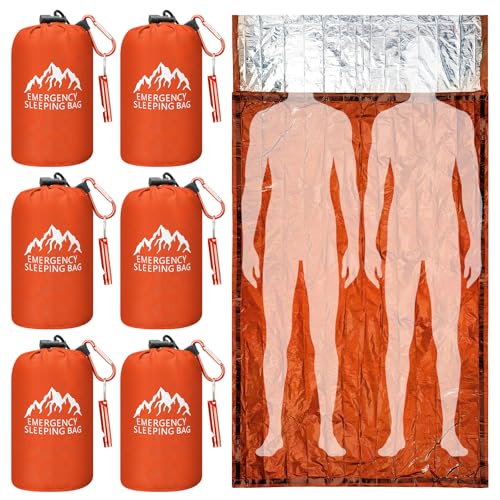 Oudain 6 Pcs XL Emergency Sleeping Bag 94.5" x 49.2" Waterproof Survival Sleeping Bag with Whistle Carabiner Portable Ther...
