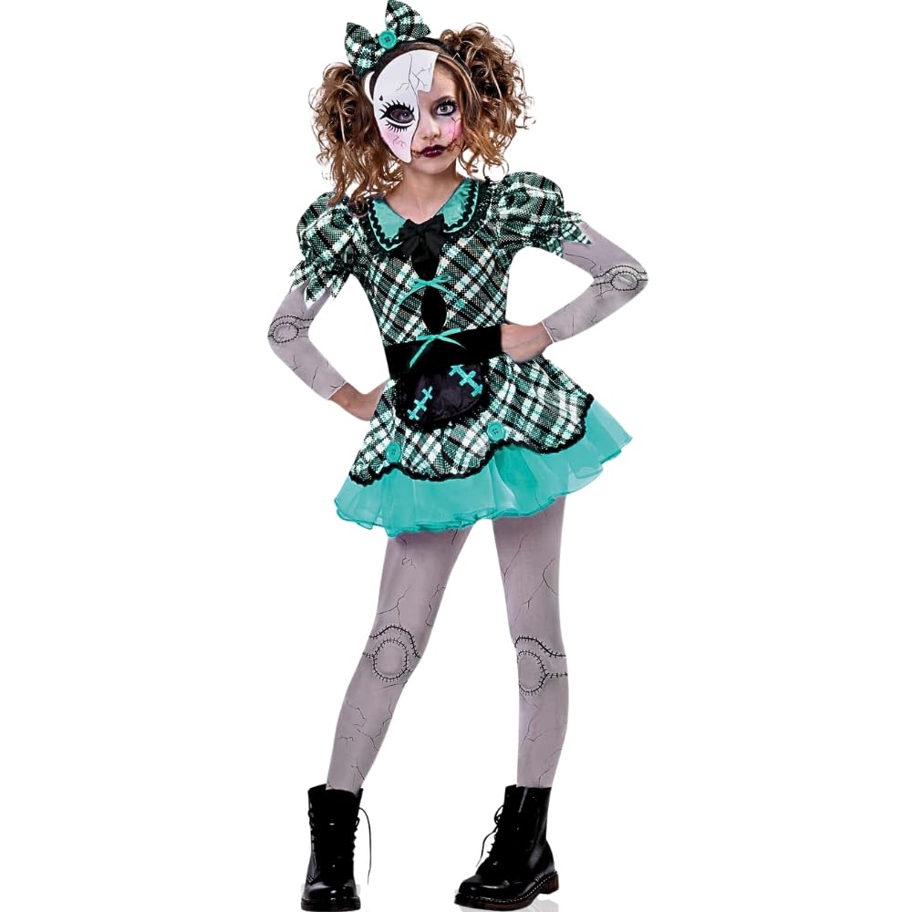 Multicolor Dark Doll Set (XL 14-16) - Includes Dress, Headband, Mask, & Tights - Perfect for Themed Parties & Halloween Celebrations
