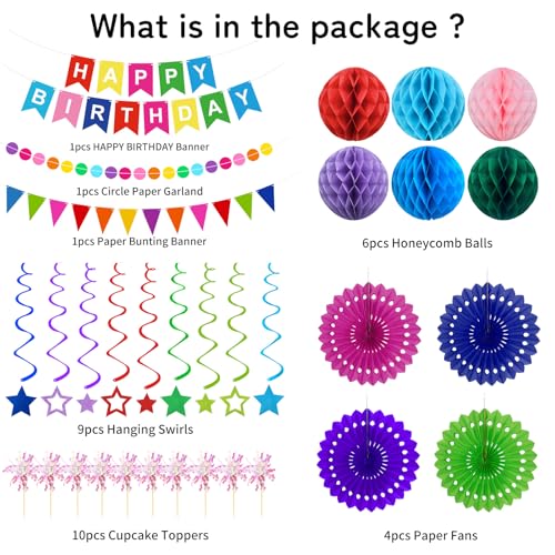 Birthday Decorations Colorful Happy Birthday Banner Paper Fans Honeycomb Balls Hanging Swirl Stars Triangles Dots Garland ...
