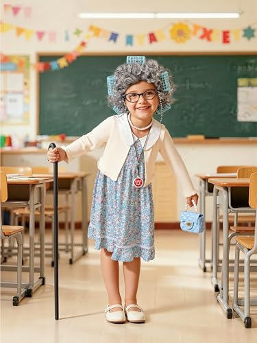 AOTHSO 8 Pcs Girls 100 Days of School Old Lady Dress Cardigan Costume with Wig Glasses Cane for Kids Granny Grandma Cosplay