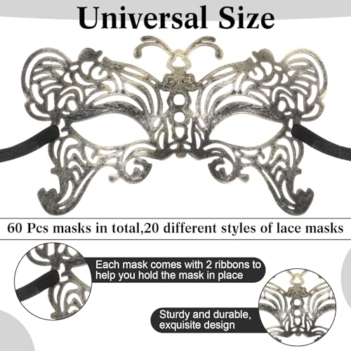 Chivao 60 Pcs Masquerade Masks for Women Men Couple Bulk Venetian Mask Vintage Antique Adult Face Halloween Costumes Party