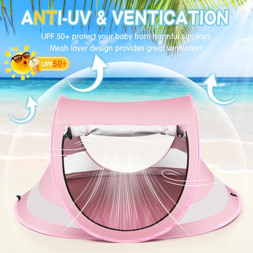 Baby Beach Tent,Large Pop Up Beach Tent Sun Shade for Beach,Portable Baby Travel Tent with Mosquito Net,Indoor Baby Play T...