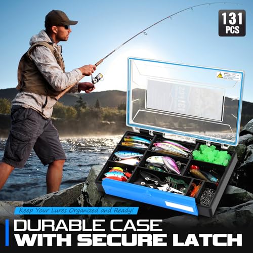 PLUSINNO Fishing Lures Fishing Tackle Box Fishing Gifts for Men, Bass, Trout Fishing Accessories Kit for Saltwater & Fresh...