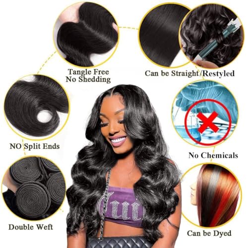 100% Brazilian Virgin Human Hair Body Wave Natural Black Human Hair Bundles with 4x4 Lace Closure, 3 Bundles with Closure (14, 16, 18+12 Natural Black)