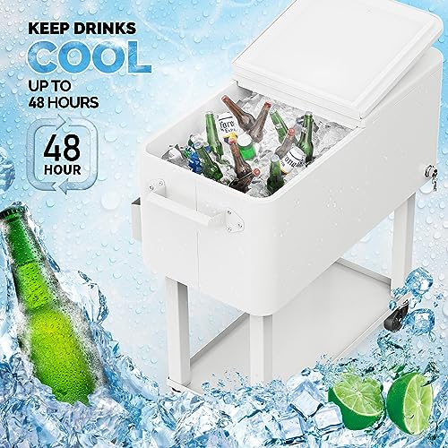 VINGLI 80 Quart Rolling Ice Chest, Portable Patio Party Bar Drink Cooler Cart, with Shelf, Beverage Pool with Bottle Opener