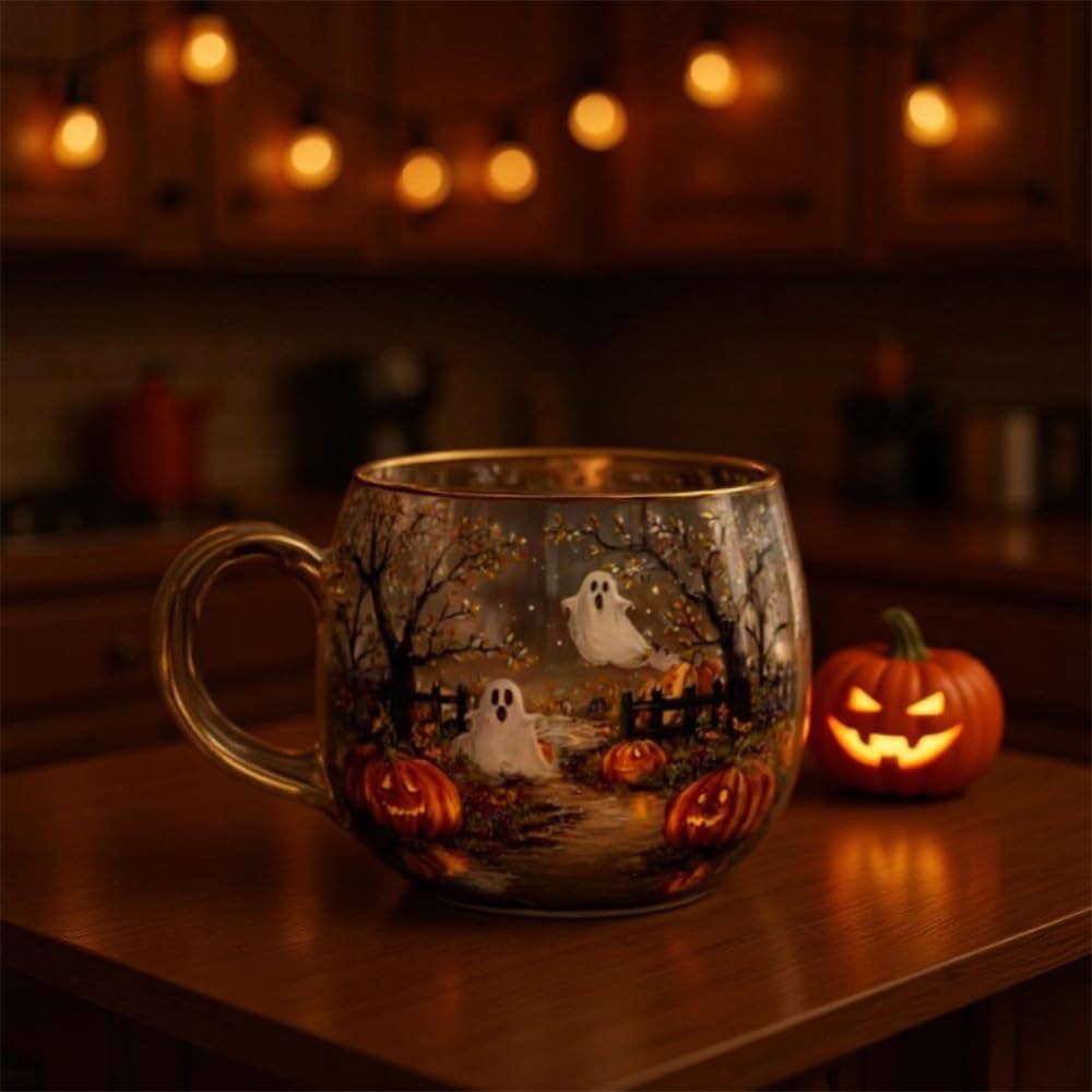 Haunted Path Halloween Mug – Cute Ghost Pumpkin Glass Coffee Cup, Spooky Season Personalized Halloween Coffee Cup with Fall Foliage (1pcs)