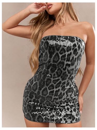 Floerns Women's Y2k Mini Dress Cheetah Sequin Strapless Tube Date Night Bodycon Dresses