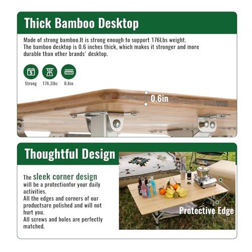KingCamp Bamboo Folding Table with Storage Mesh Layer & Padded Oversized Camping Chair