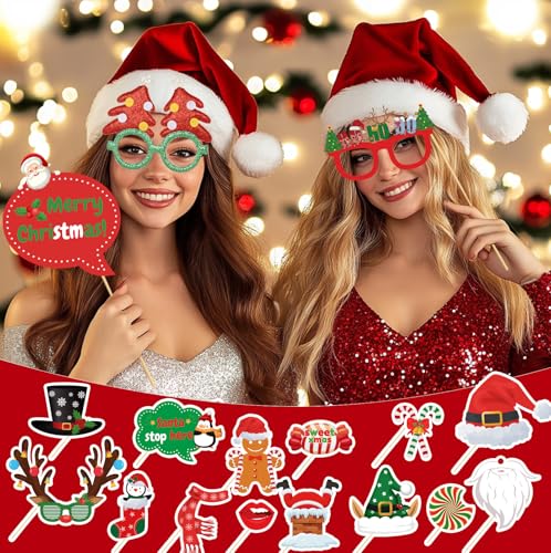 Christmas Party Decorations Decor, 36 Christmas Photo Booth Props+ 6 Christmas Glitter Glasses Frames, Party Favors Games ...