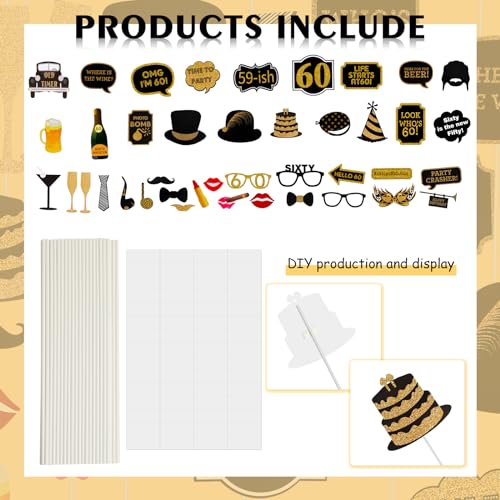 Adult 60th Birthday Photo Booth Props(41Pcs) for Her Him Cheers to 60 Years Birthday Party, Gold and Red Decorations, 60th...