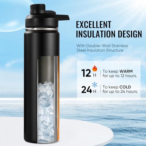 Fijinhom 24 oz Insulated Water Bottle with Handle, 304 Stainless Steel Water Bottles with Wide Mouth, Double Wall Vacuum S...