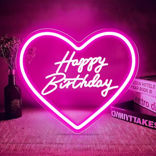 cxfyddp Happy Birthday Neon Sign, Pink, 13.7" x 12.5", LED, USB Powered, Dimmable Switch