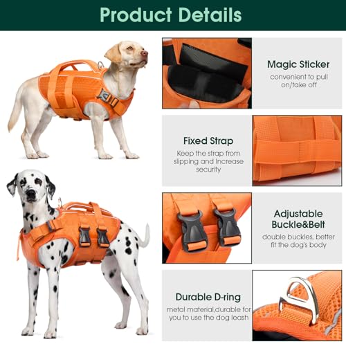 Kuoser Dog Life Jacket High Flotation, Reflective Dogs Life Vest for Swimming Boating, Adjustable Small Medium Large Dog l...