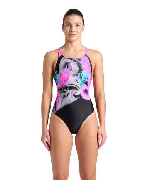 ARENA Feel Women's Imaginary Swim Pro Back Swimsuit Sporty One Piece Ladies Bathing Suit Athletic Swimwear, Black/Shocking Pink/Multi, US Size 36