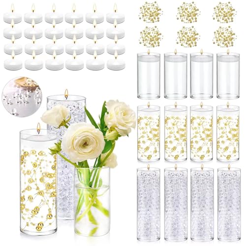 UDU 12 Set Glass Vases for Centerpieces with 24 White Floating Candles 80000 Vase Filler 6 Pearl String Party Event Home W...