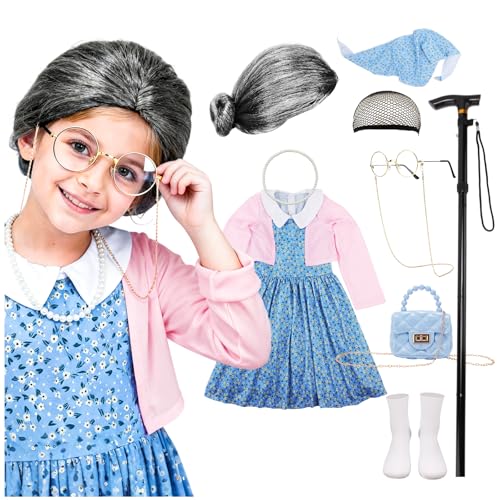 AXINYINGESS 100 Days of School Old Lady Costume Grandma Dress Up Set for Girls Costumes Granny Outfit Kit