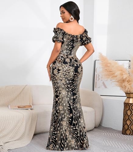 dasmzper Women Sexy Sequin Off Shoulder Ruffle Short Sleeve Bodycon Mermaid Party Formal Evening Maxi Dress