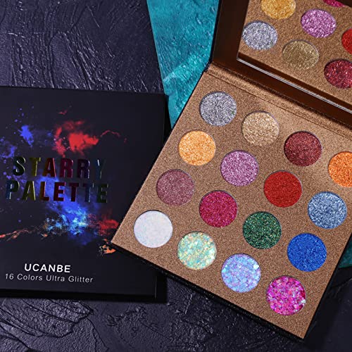 UCANBE Pro Glitter Eyeshadow Palette - Professional 16 Colors - Chunky & Fine Pressed Glitter Eye Shadow Powder Makeup Pal...