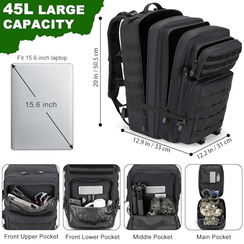 Tactical Backpack 45L Army Military Rucksack, Water Resistant MOLLE EDC Pack, Large 3 Day Bug Out Bag for Men & Women, Dur...